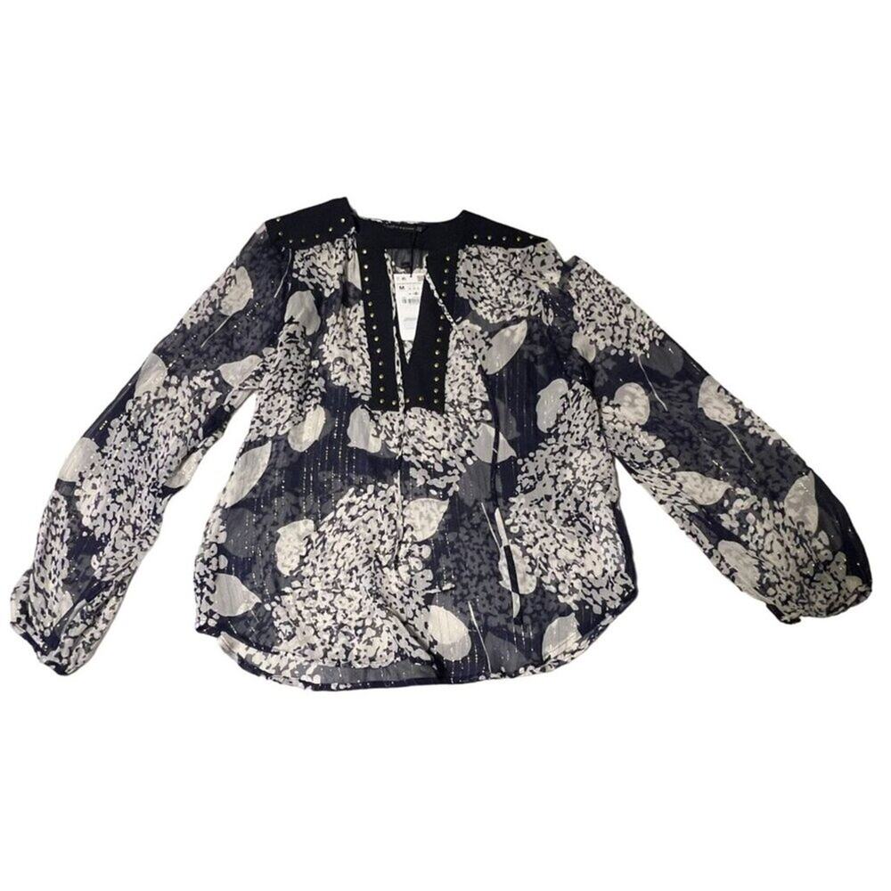 Zara Mulberry Silk Navy/Ecru Long Sleeve Blouse with Studs Women's Size Medium N - Picture 16 of 16